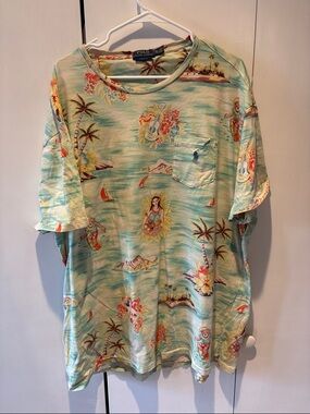 Polo by Ralph Lauren Men’s Light Aqua Hawaiian Print Pocket Tee  XXL tall